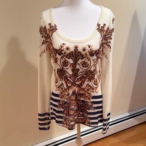 Cache Cream and Brown Long Sleeve Top